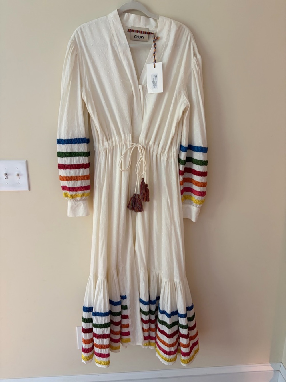 Chufy Cream Maxi Dress with Rainbow Stripe Sleeves & Hem